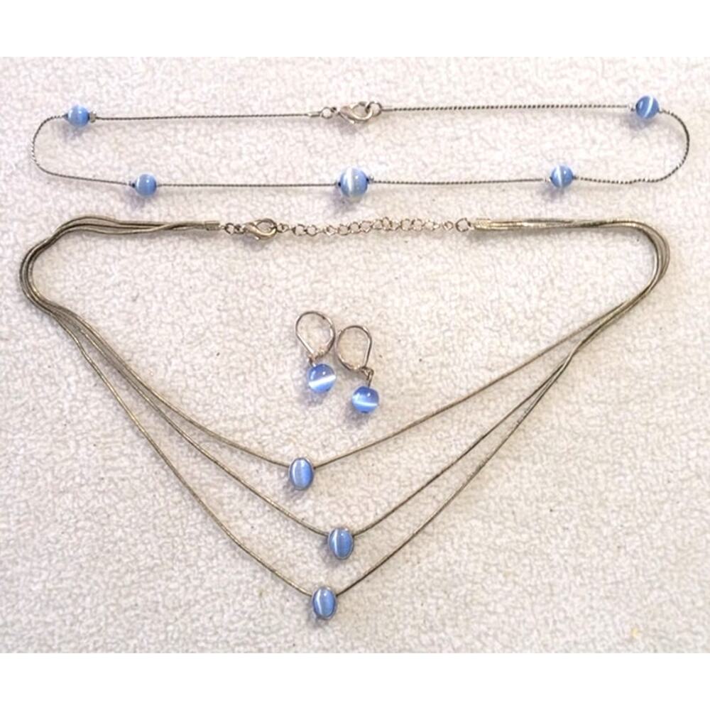 Vintage Silver Tone Blue Cat's Eye Quartz Layered Necklace & Earring Set 3pc Lot